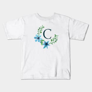 Floral Monogram C Pretty Blue Flowers Kids T-Shirt